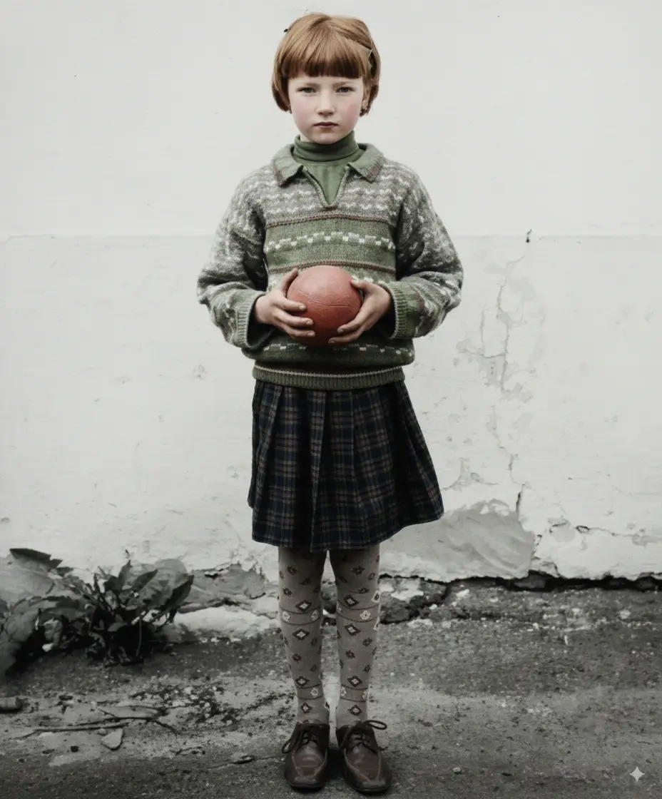 Mädchen mit Ball Foto Restaurierung vorher nachher — altes beschädigtes Foto repariert