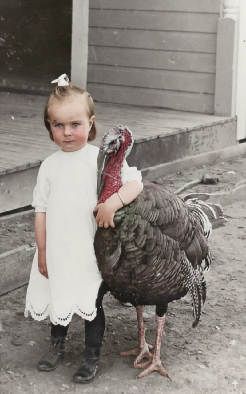 Historisches Foto Mädchen mit Truthahn Restaurierung vorher nachher — altes Foto repariert