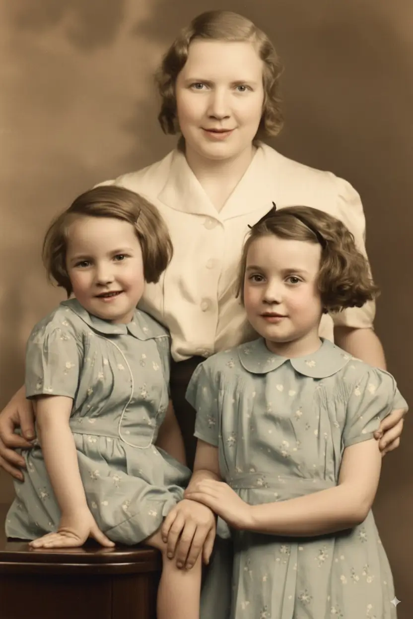 Mutter und Töchter Vintage-Foto Restaurierung vorher nachher — Farb- und Detailwiederherstellung
