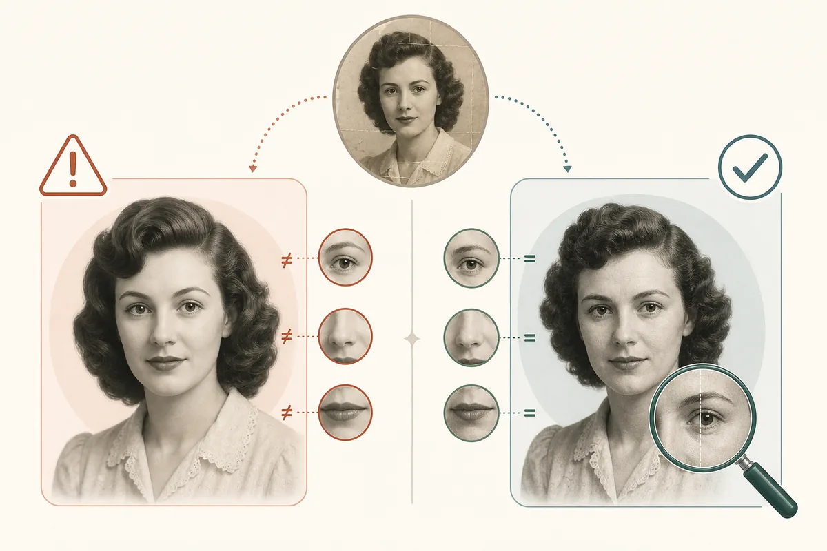 Ilustracion comparativa de restauracion fiel frente a un rostro sobreprocesado
