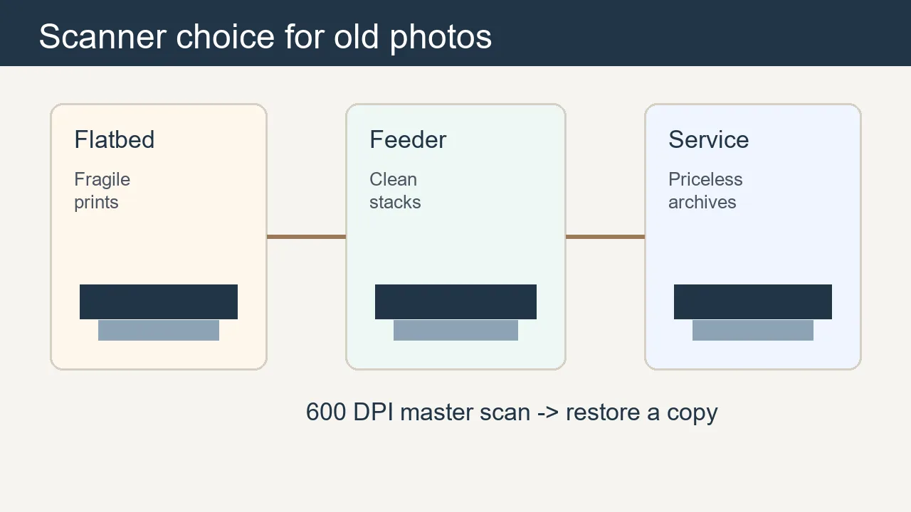 Guida pratica per scegliere uno scanner per vecchie foto: piano fisso, alimentatore, DPI utili e workflow prima del restauro.