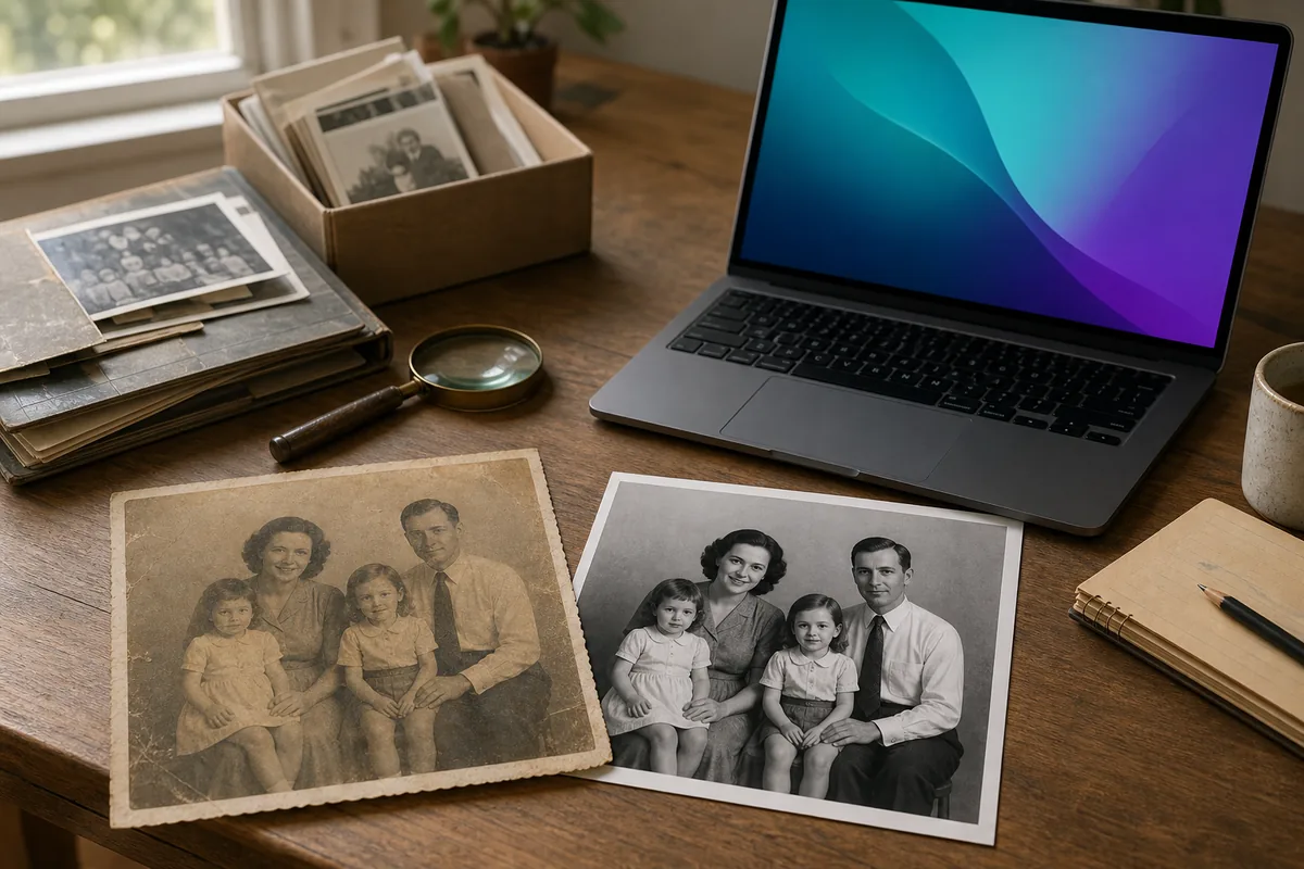 Konzeptioneller Arbeitsplatz für Canva Fotorestaurierung mit altem Familienfoto und restaurierter Kopie
