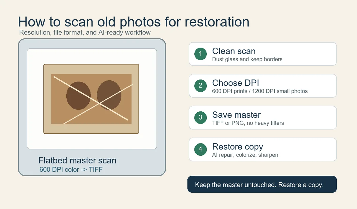 Scanning workflow board showing old photo, flatbed scanner settings, DPI choices, TIFF master, and AI restoration copy