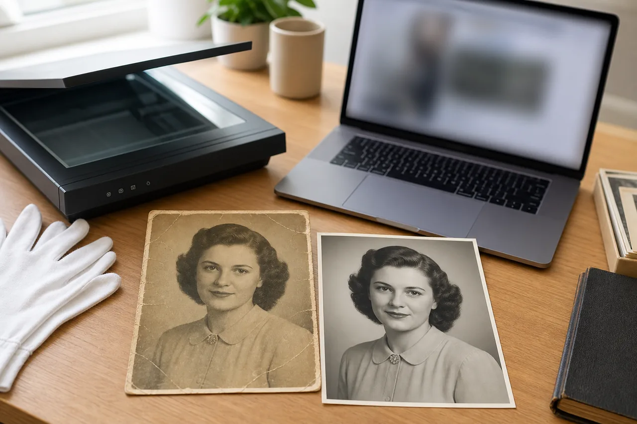 Flujo de trabajo de escritorio comparando un retrato antiguo con una version restaurada con IA online