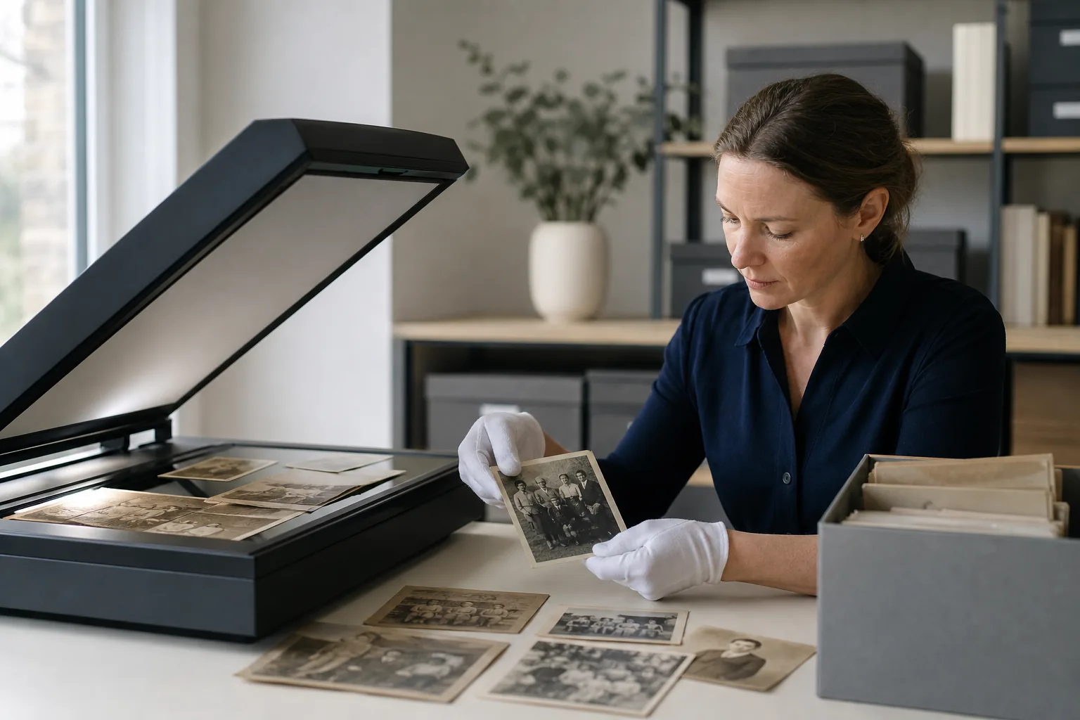 Fachkraft scannt alte Familienfotos sorgfältig