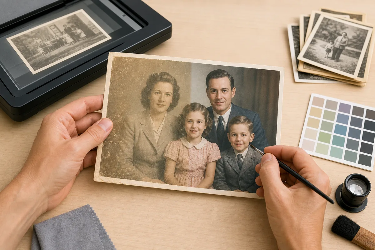 Photo de famille ancienne delavee restauree avec scanner et correction couleur
