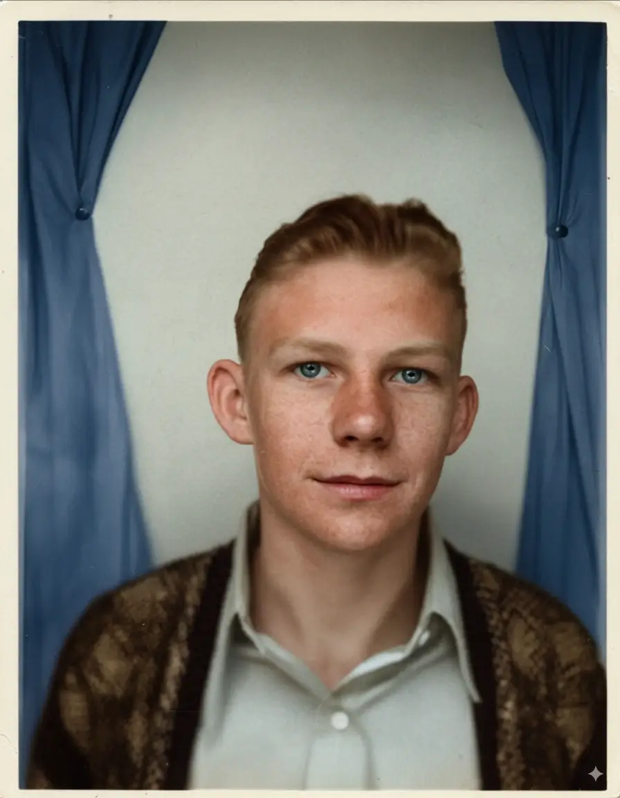 Foto vintage preto e branco de homem loiro colorizada usando tecnologia de colorização com IA