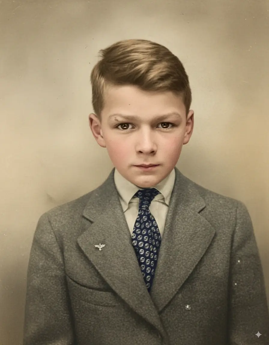 Foto vintage preto e branco de menino de terno colorizada com colorizador profissional de IA