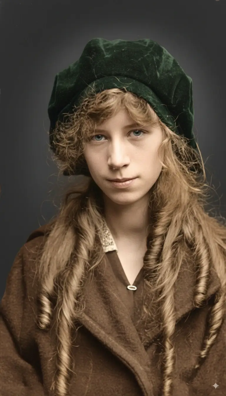 Foto vintage preto e branco de menina com chapéu verde lindamente colorizada através de colorização com IA
