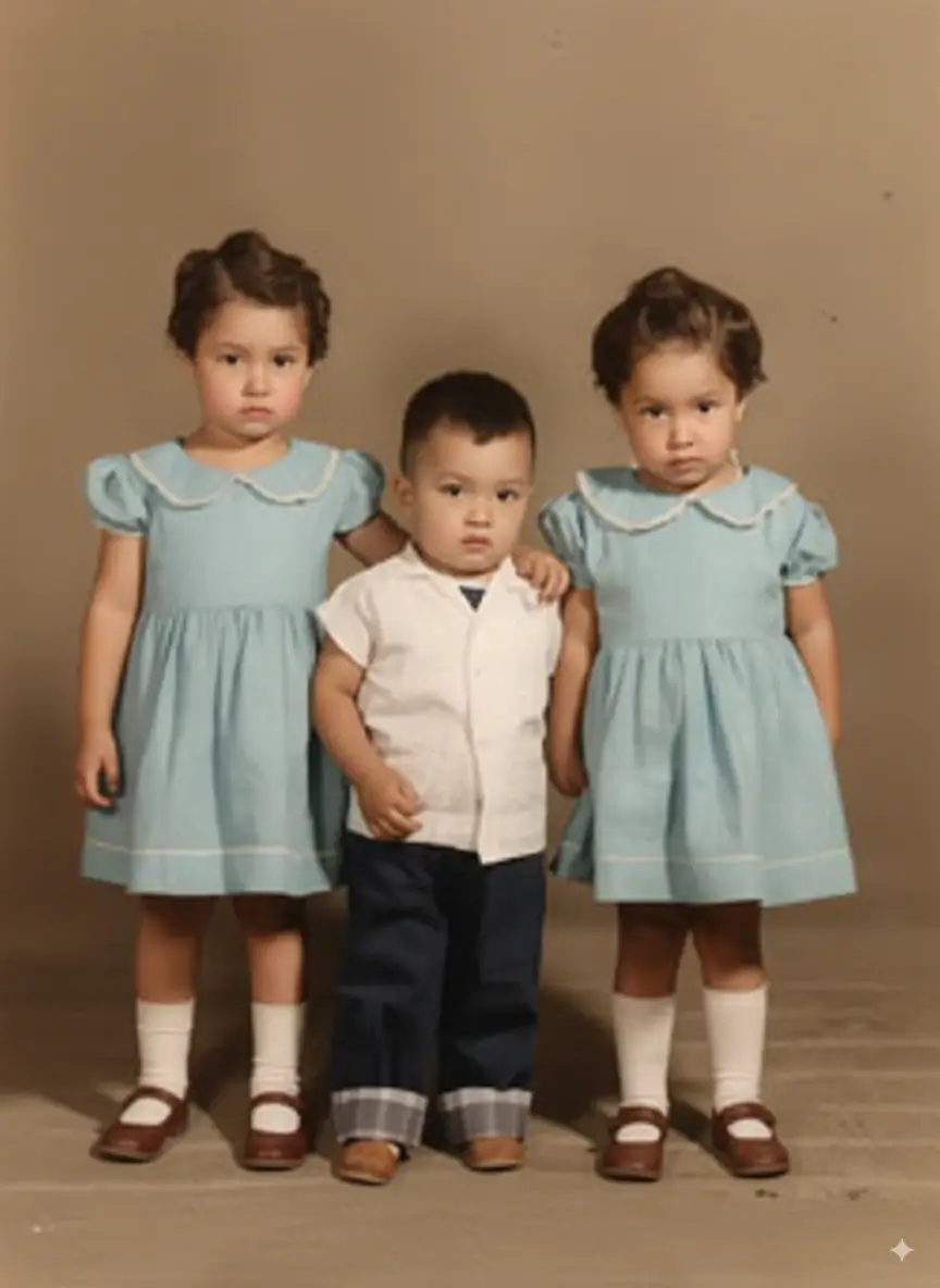 Foto preto e branco de meninas gêmeas colorizada à perfeição usando o melhor colorizador de IA online