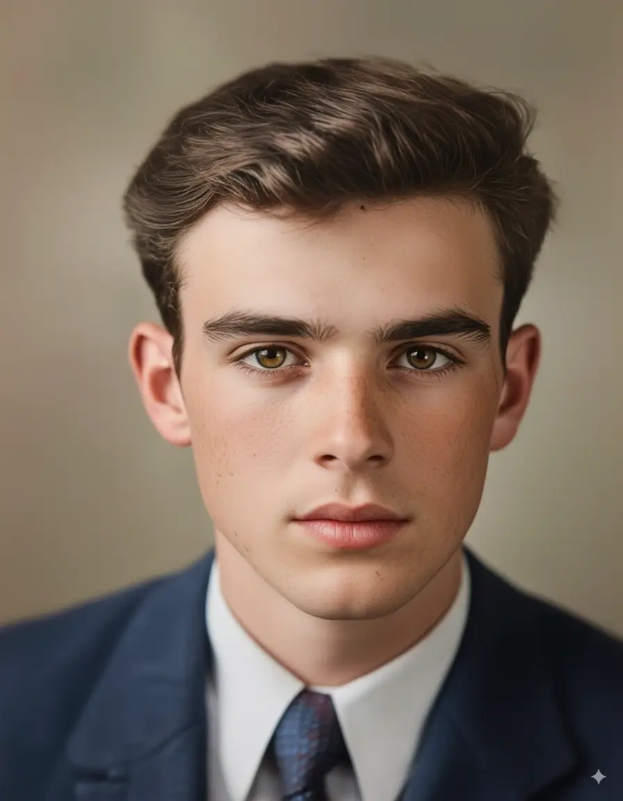 Foto preto e branco de jovem de terno colorizada com tecnologia profissional de colorização