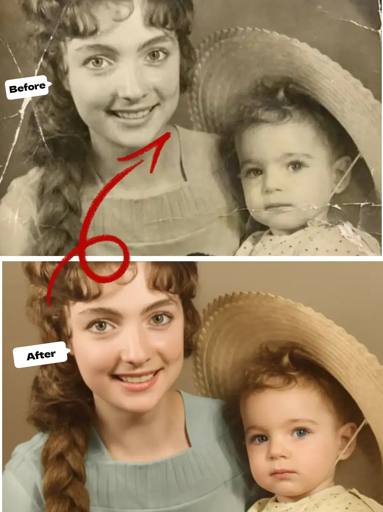 Transformação de Colorização de Foto Preto e Branco - Mãe e Filha