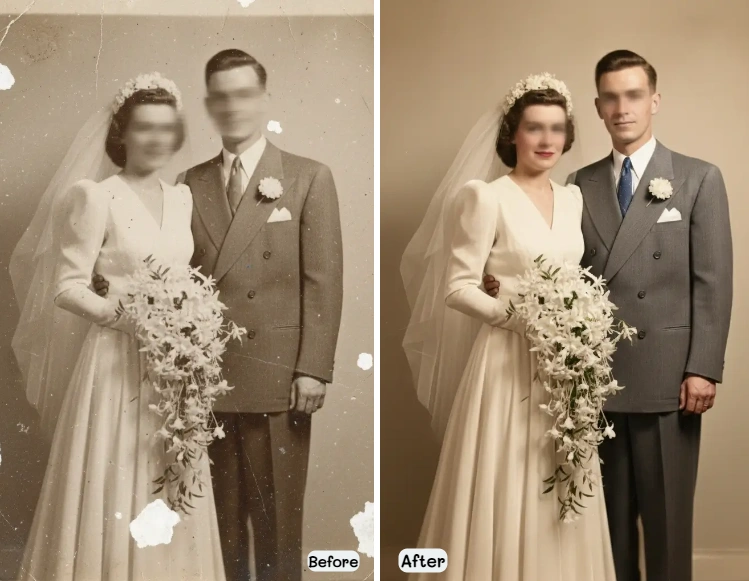 Foto familiar antigua borrosa mejorada - restauración de retrato de tres generaciones